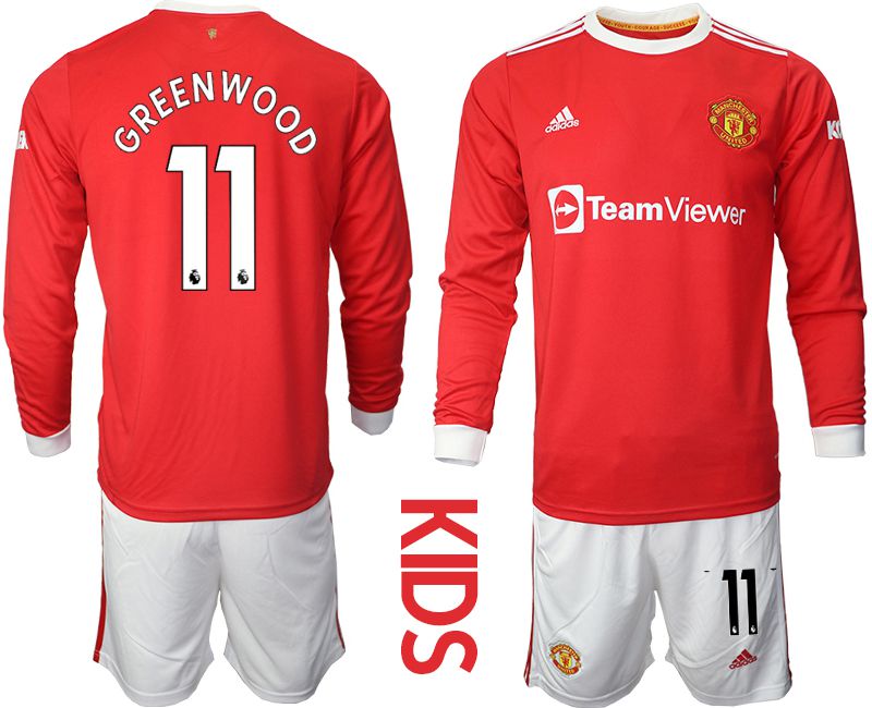 Youth 2021-2022 Club Manchester united home red Long Sleeve #11 Soccer Jersey